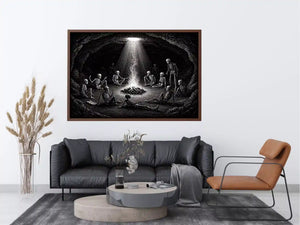 gothic skeleton ritual around fire vintage engraving wall art canvas