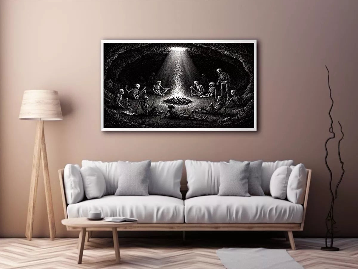 gothic skeleton ritual around fire vintage engraving wall art canvas