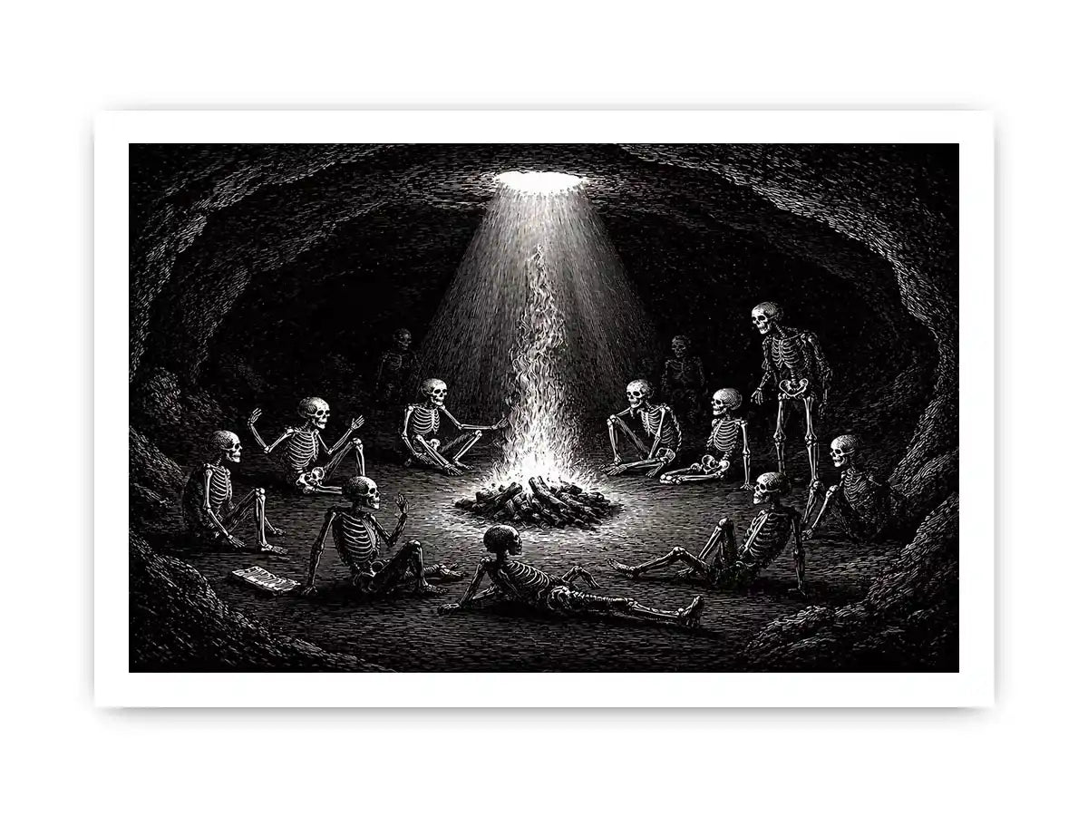 gothic skeleton ritual around fire vintage engraving wall art canvas