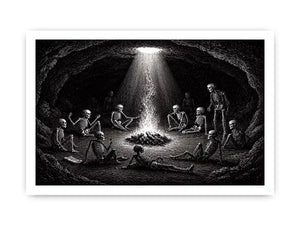 gothic skeleton ritual around fire vintage engraving wall art canvas
