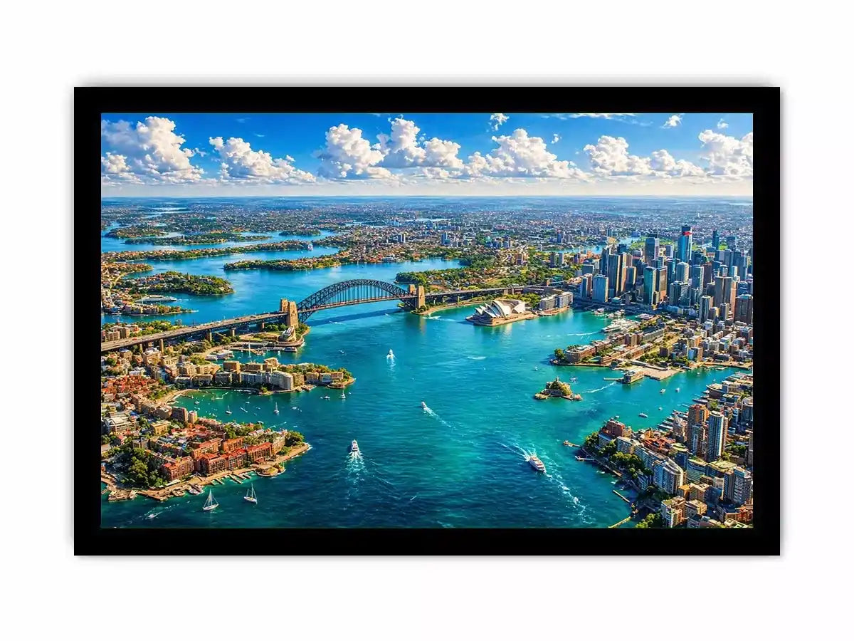 Sydney Harbour Bridge aerial cityscape coastal modern wall art canvas with blue ocean skyline