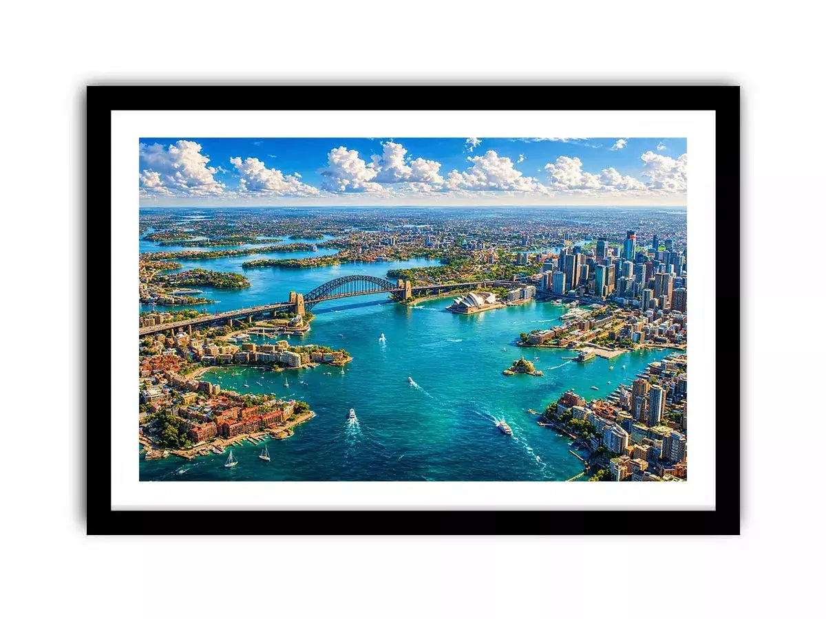 Sydney Harbour Bridge aerial cityscape coastal modern wall art canvas with blue ocean skyline