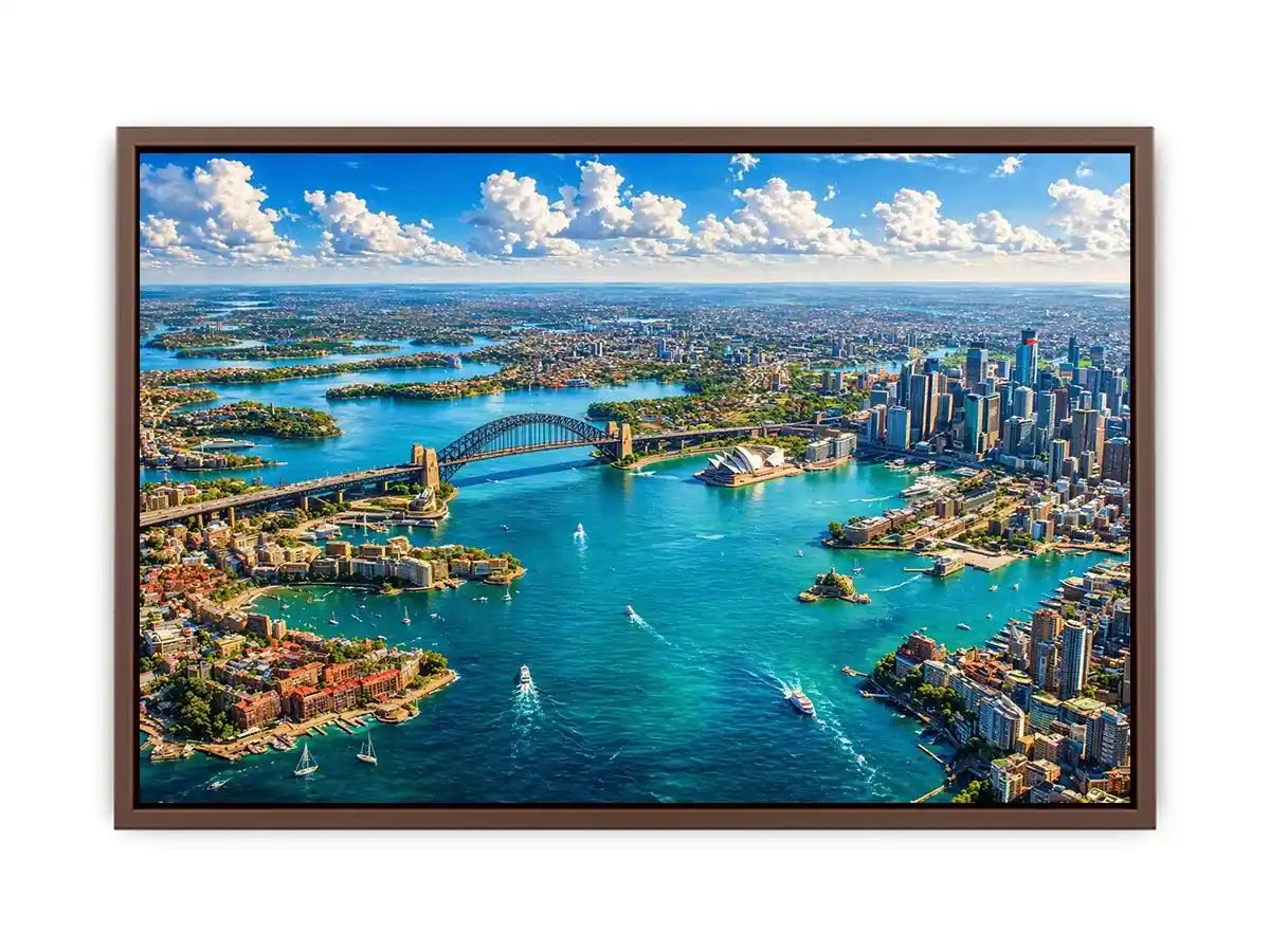 Sydney Harbour Bridge aerial cityscape coastal modern wall art canvas with blue ocean skyline