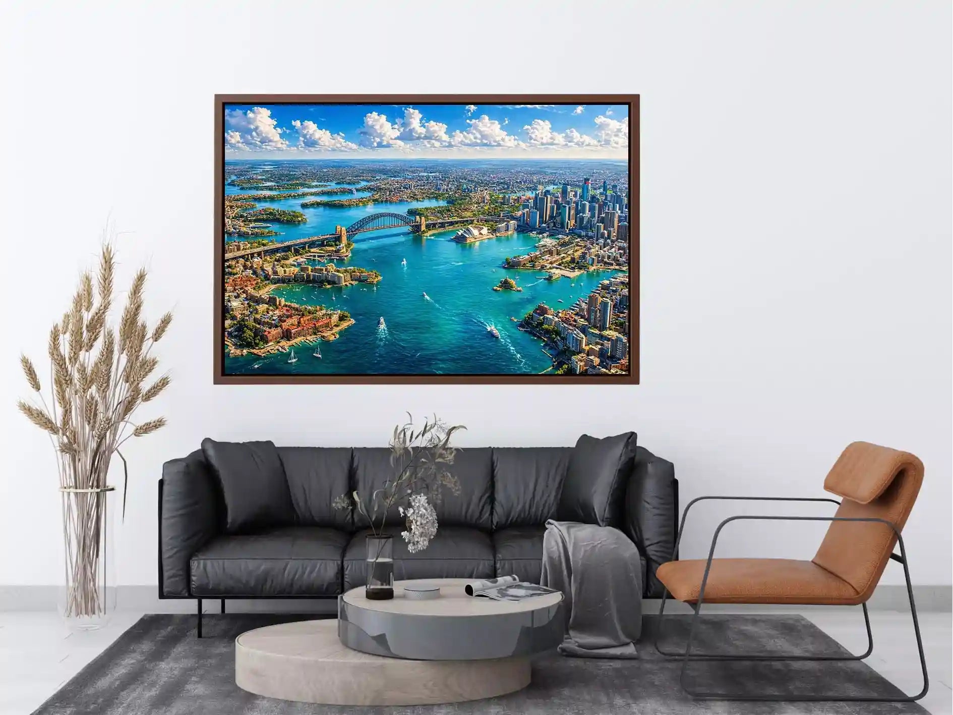Sydney Harbour Bridge aerial cityscape coastal modern wall art canvas with blue ocean skyline