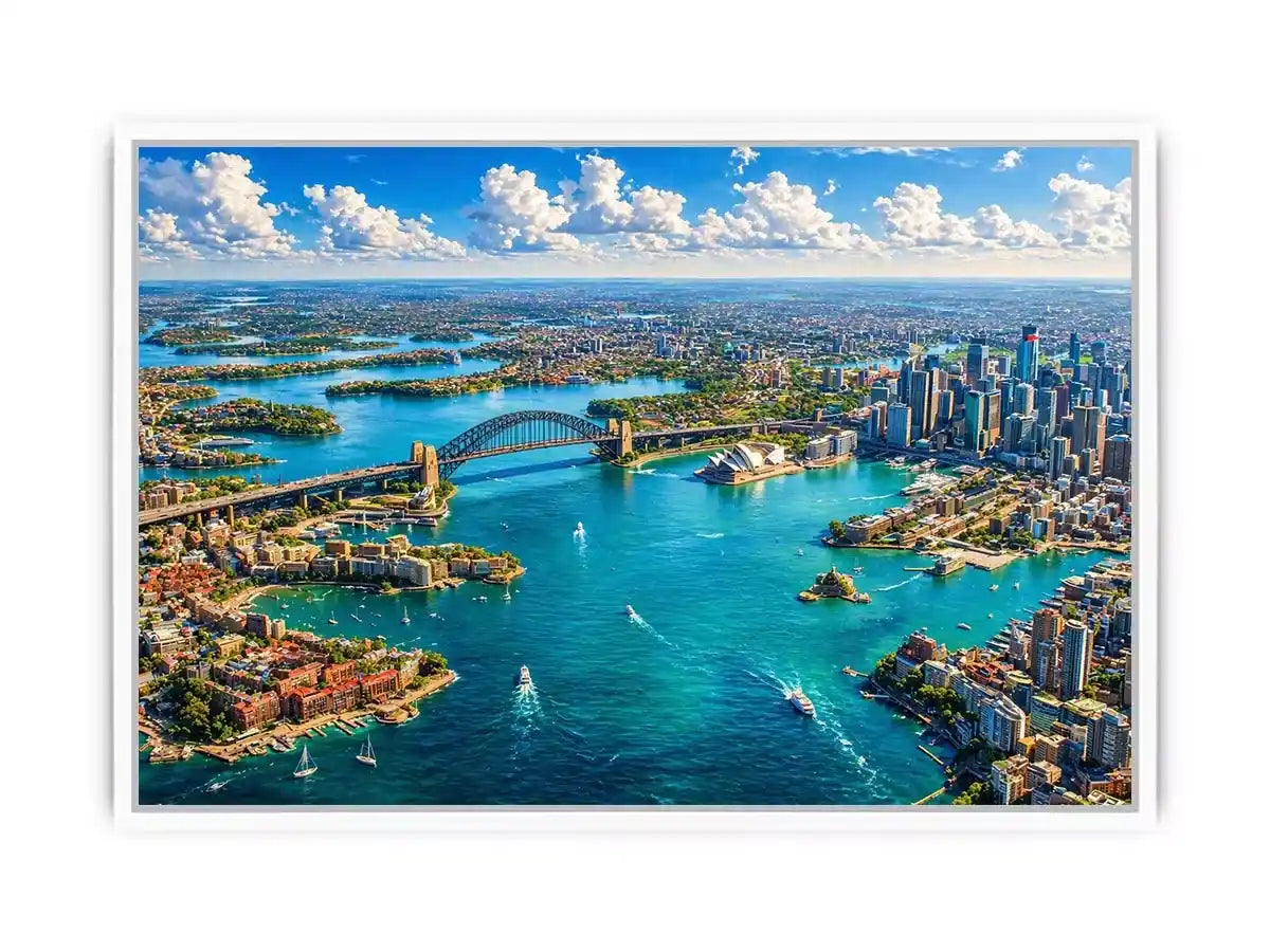 Sydney Harbour Bridge aerial cityscape coastal modern wall art canvas with blue ocean skyline