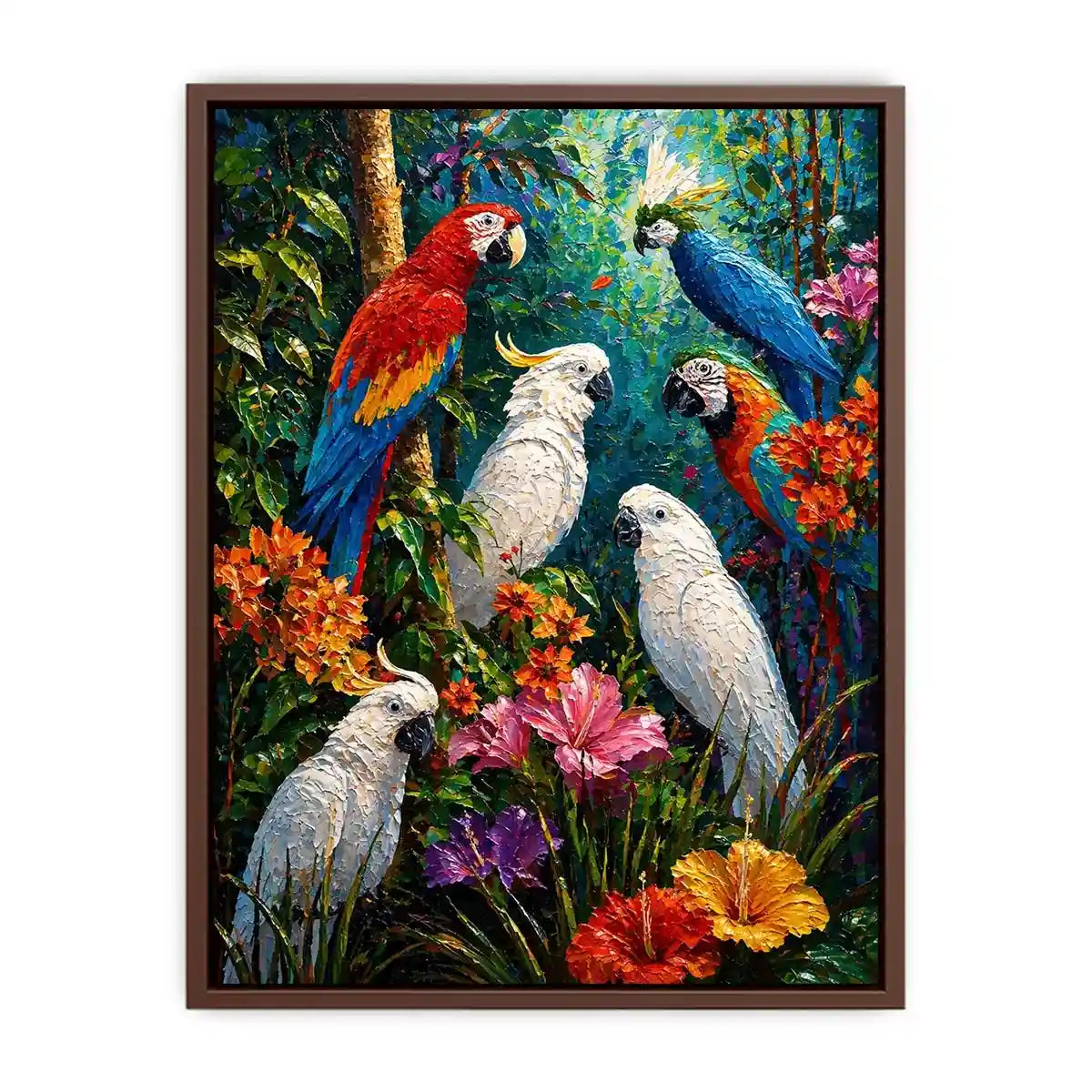 colorful tropical parrot painting wall art canvas jungle birds vibrant textured artwork