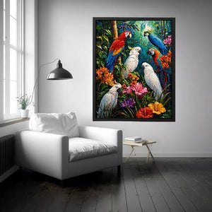 colorful tropical parrot painting wall art canvas jungle birds vibrant textured artwork