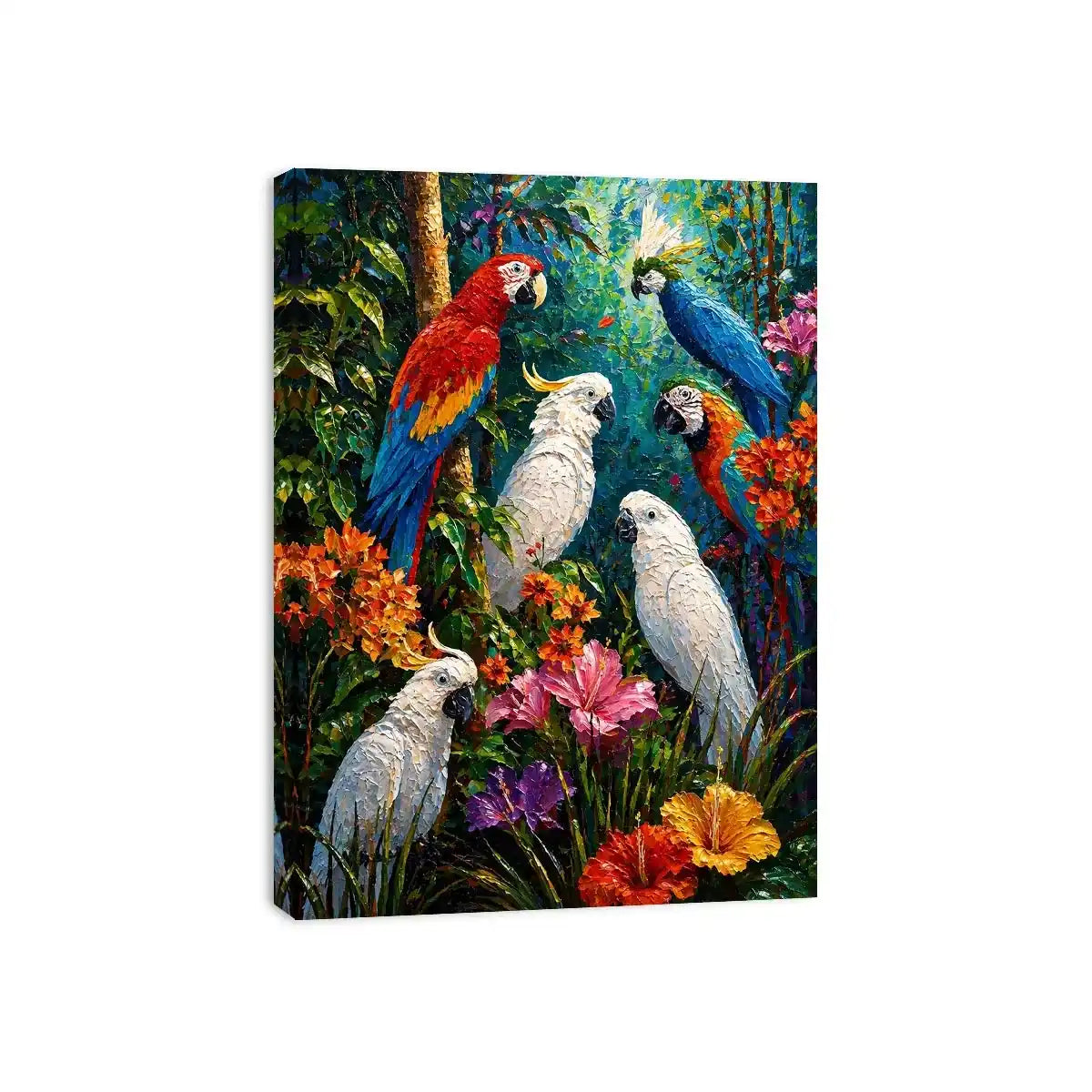 colorful tropical parrot painting wall art canvas jungle birds vibrant textured artwork