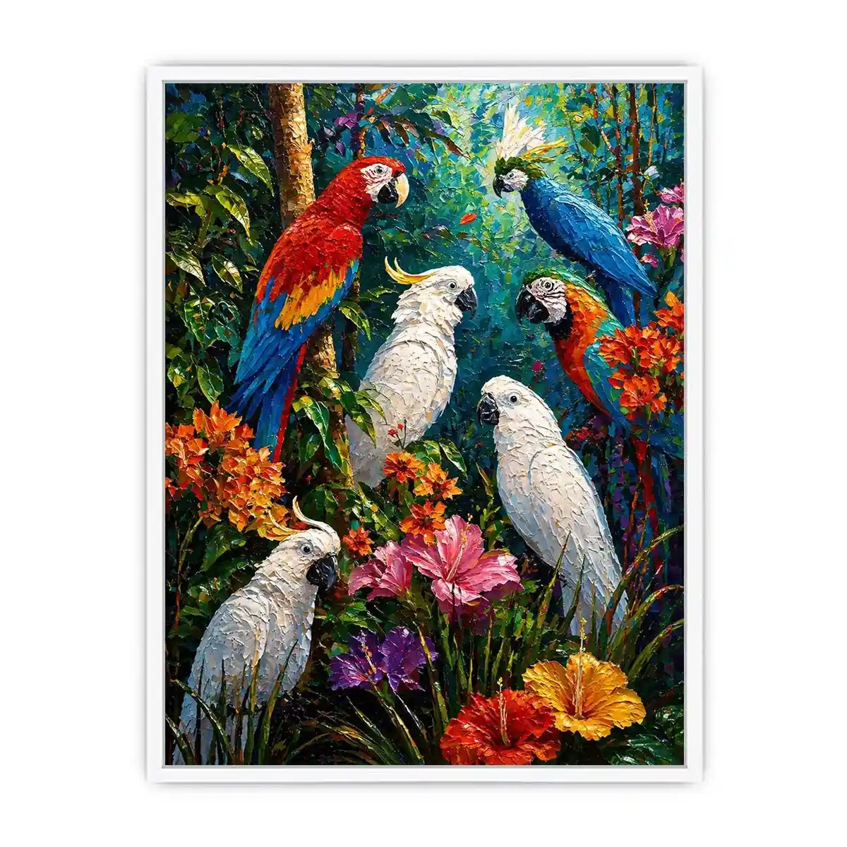 colorful tropical parrot painting wall art canvas jungle birds vibrant textured artwork