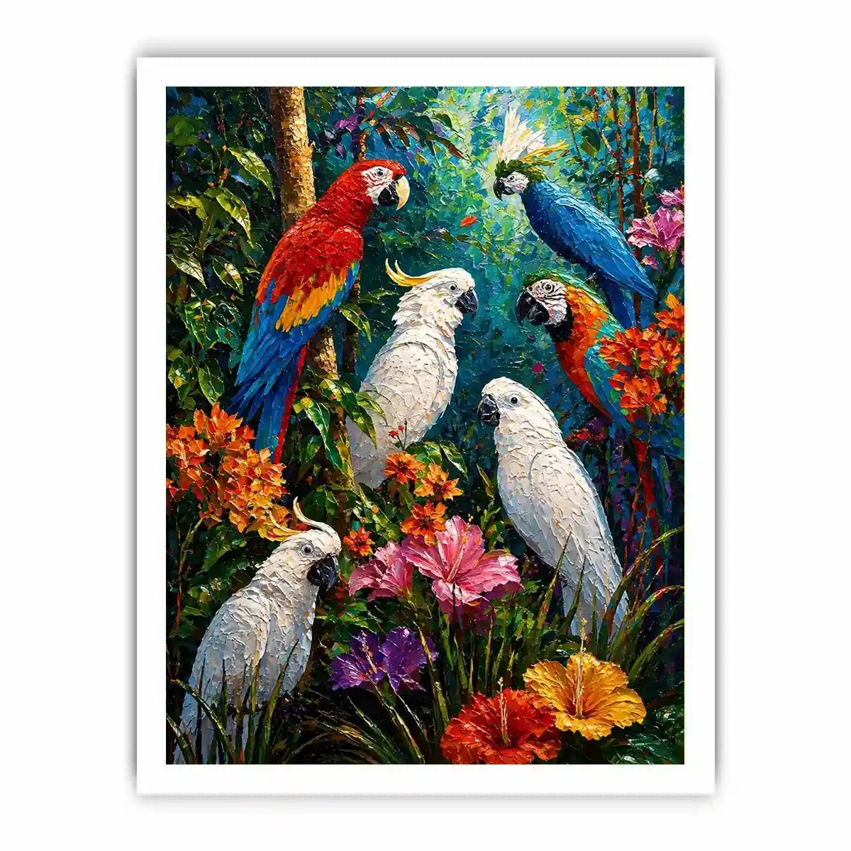 colorful tropical parrot painting wall art canvas jungle birds vibrant textured artwork