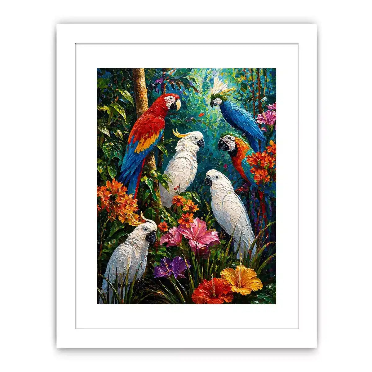 colorful tropical parrot painting wall art canvas jungle birds vibrant textured artwork