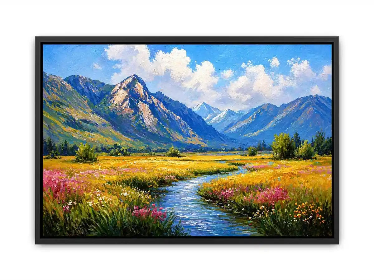 impressionist mountain meadow river landscape wall art canvas serene nature painting