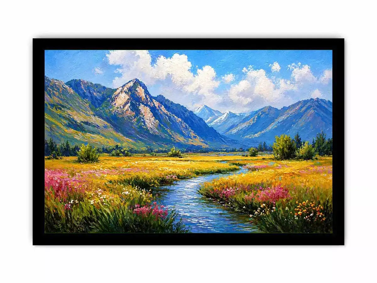 impressionist mountain meadow river landscape wall art canvas serene nature painting