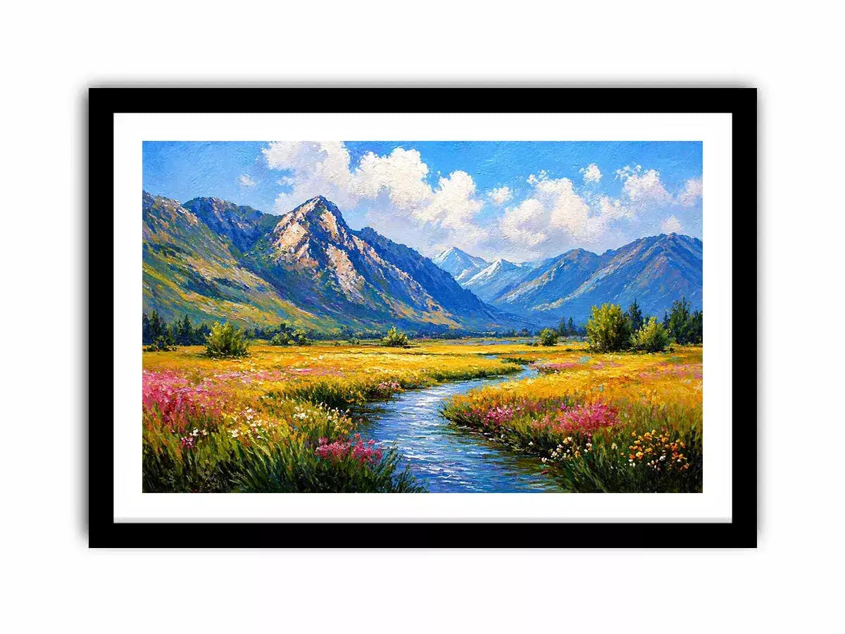 impressionist mountain meadow river landscape wall art canvas serene nature painting