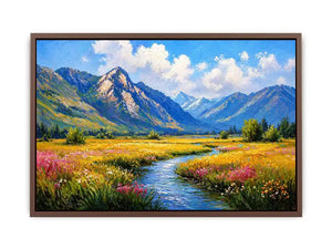 impressionist mountain meadow river landscape wall art canvas serene nature painting