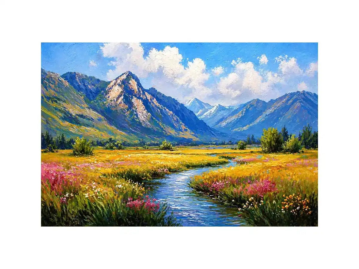 impressionist mountain meadow river landscape wall art canvas serene nature painting