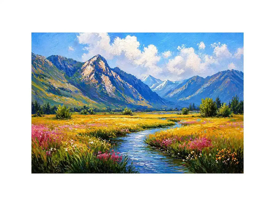 impressionist mountain meadow river landscape wall art canvas serene nature painting