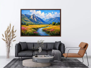 impressionist mountain meadow river landscape wall art canvas serene nature painting