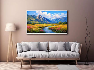 impressionist mountain meadow river landscape wall art canvas serene nature painting