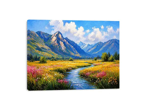 impressionist mountain meadow river landscape wall art canvas serene nature painting