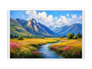 impressionist mountain meadow river landscape wall art canvas serene nature painting