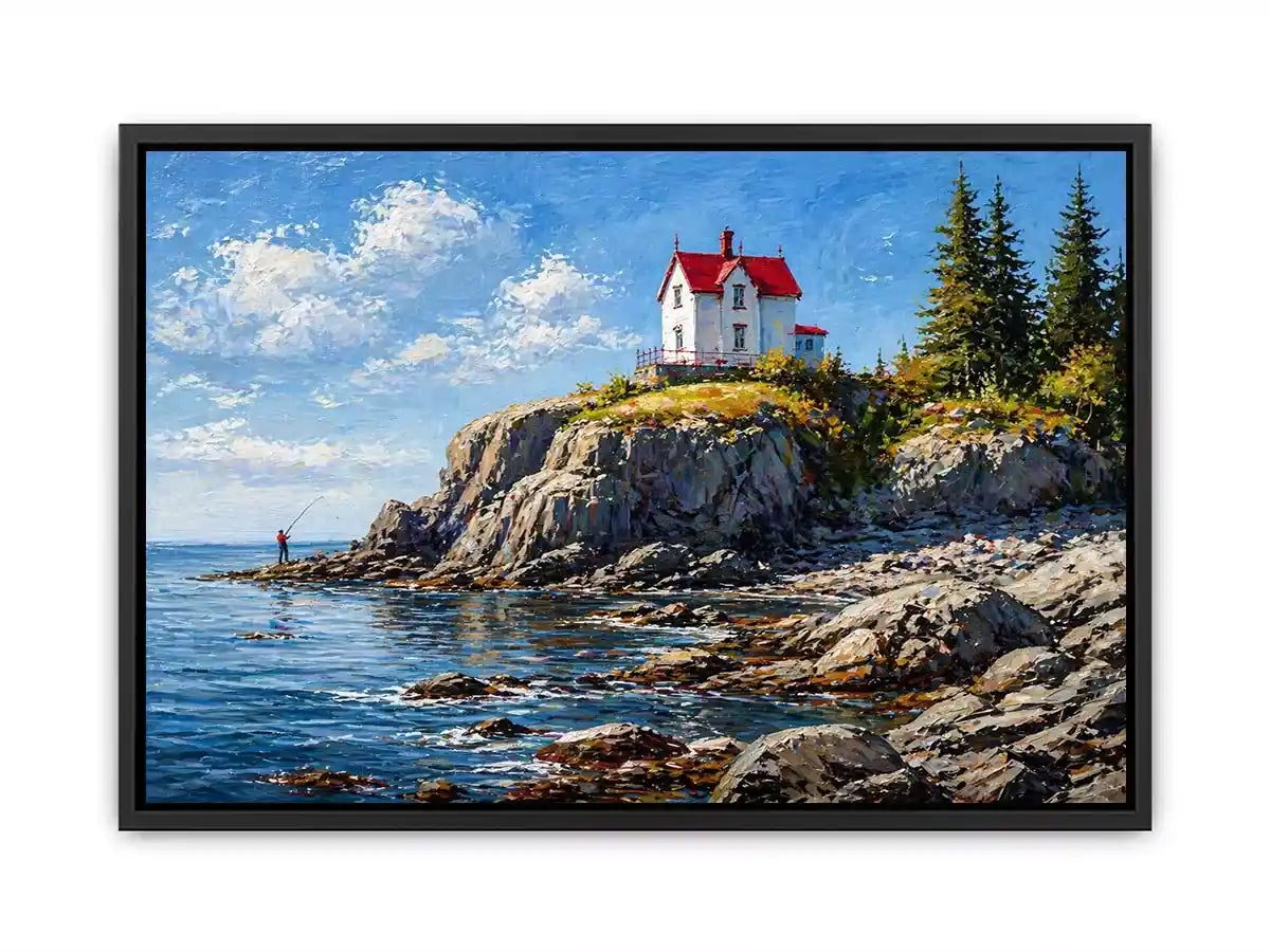 coastal lighthouse house wall art canvas ocean cliff landscape serene painting