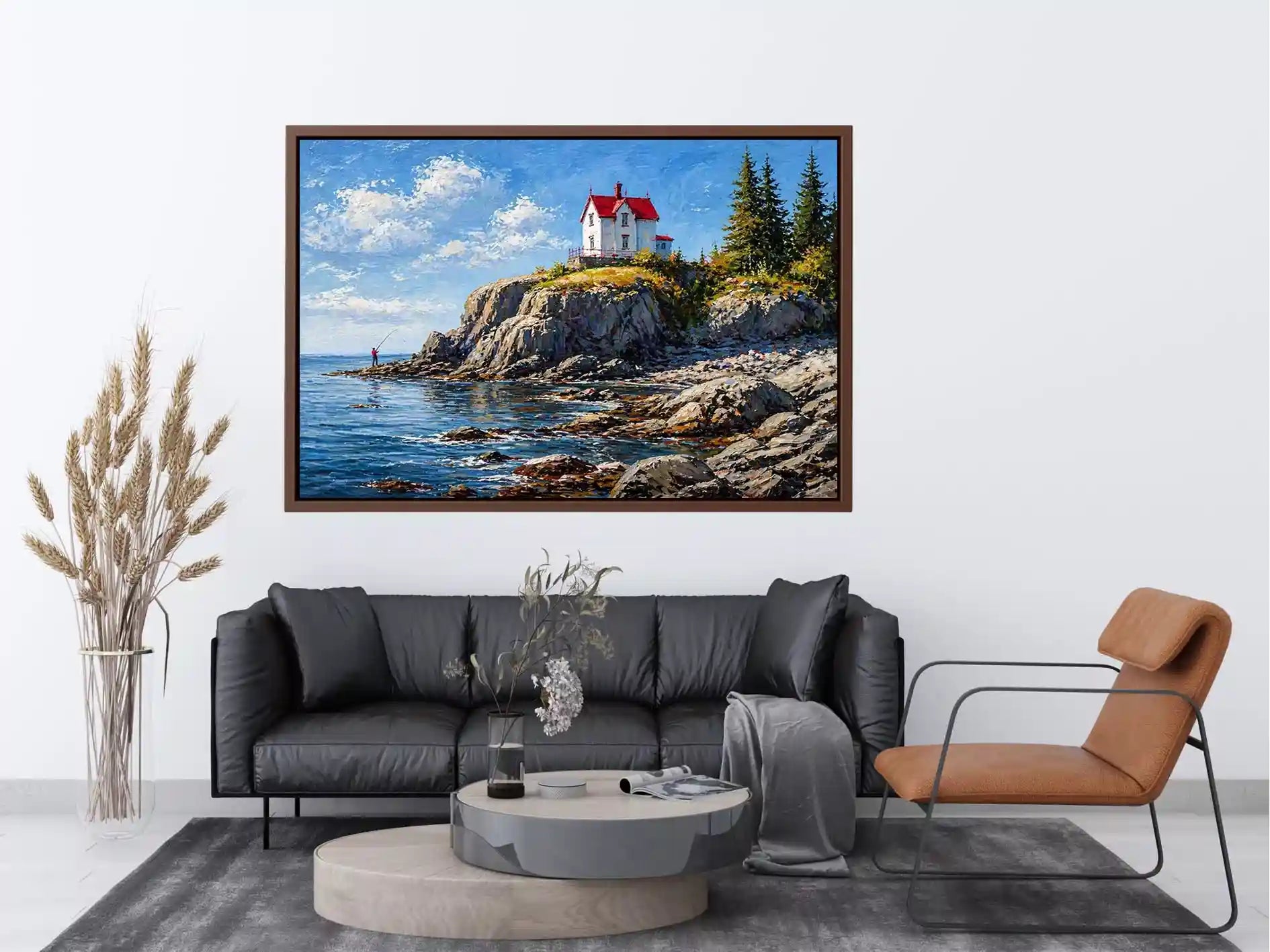 coastal lighthouse house wall art canvas ocean cliff landscape serene painting