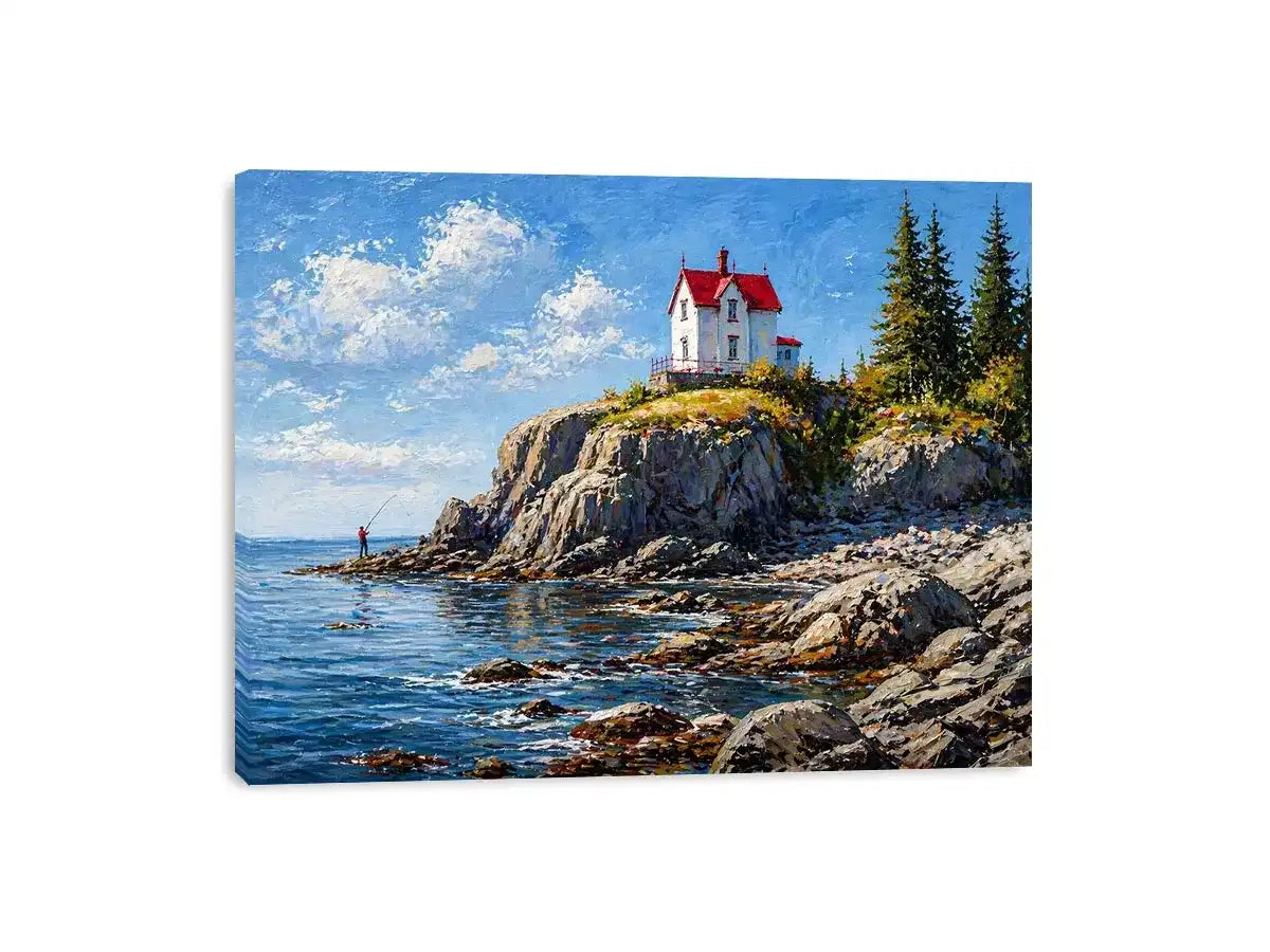 coastal lighthouse house wall art canvas ocean cliff landscape serene painting