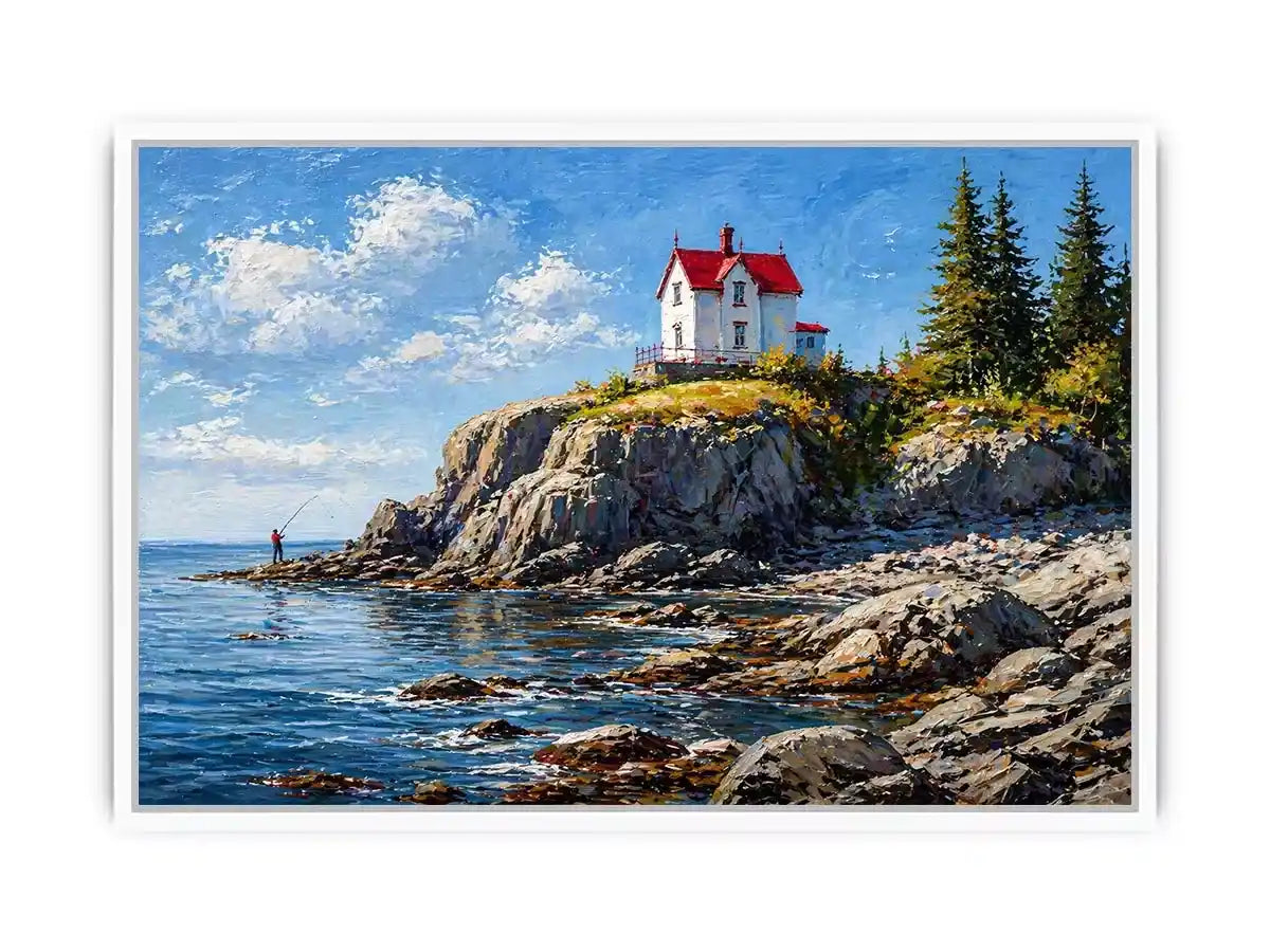 coastal lighthouse house wall art canvas ocean cliff landscape serene painting