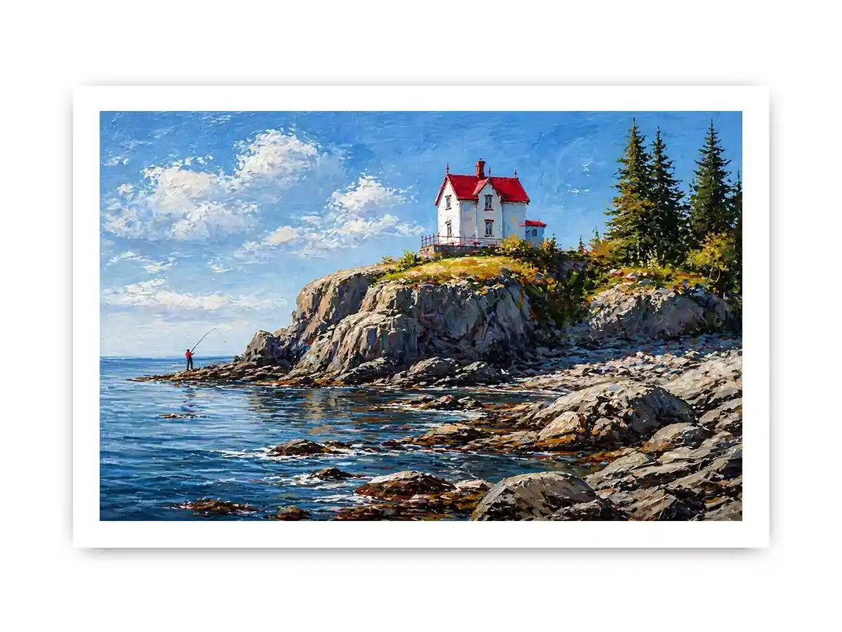 coastal lighthouse house wall art canvas ocean cliff landscape serene painting