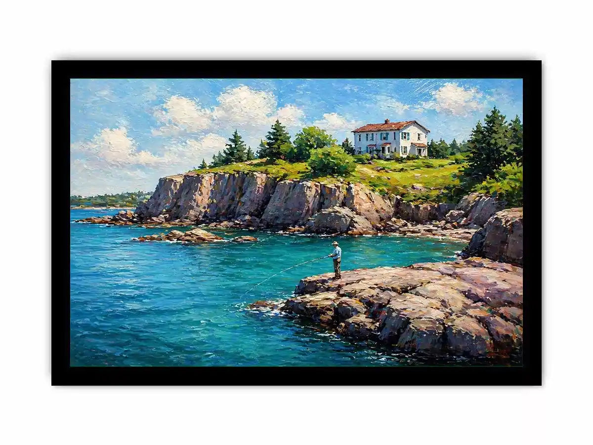 coastal fishing scene wall art canvas turquoise ocean cliff landscape painting