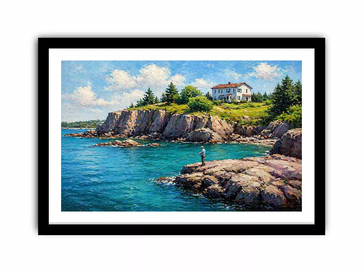 coastal fishing scene wall art canvas turquoise ocean cliff landscape painting