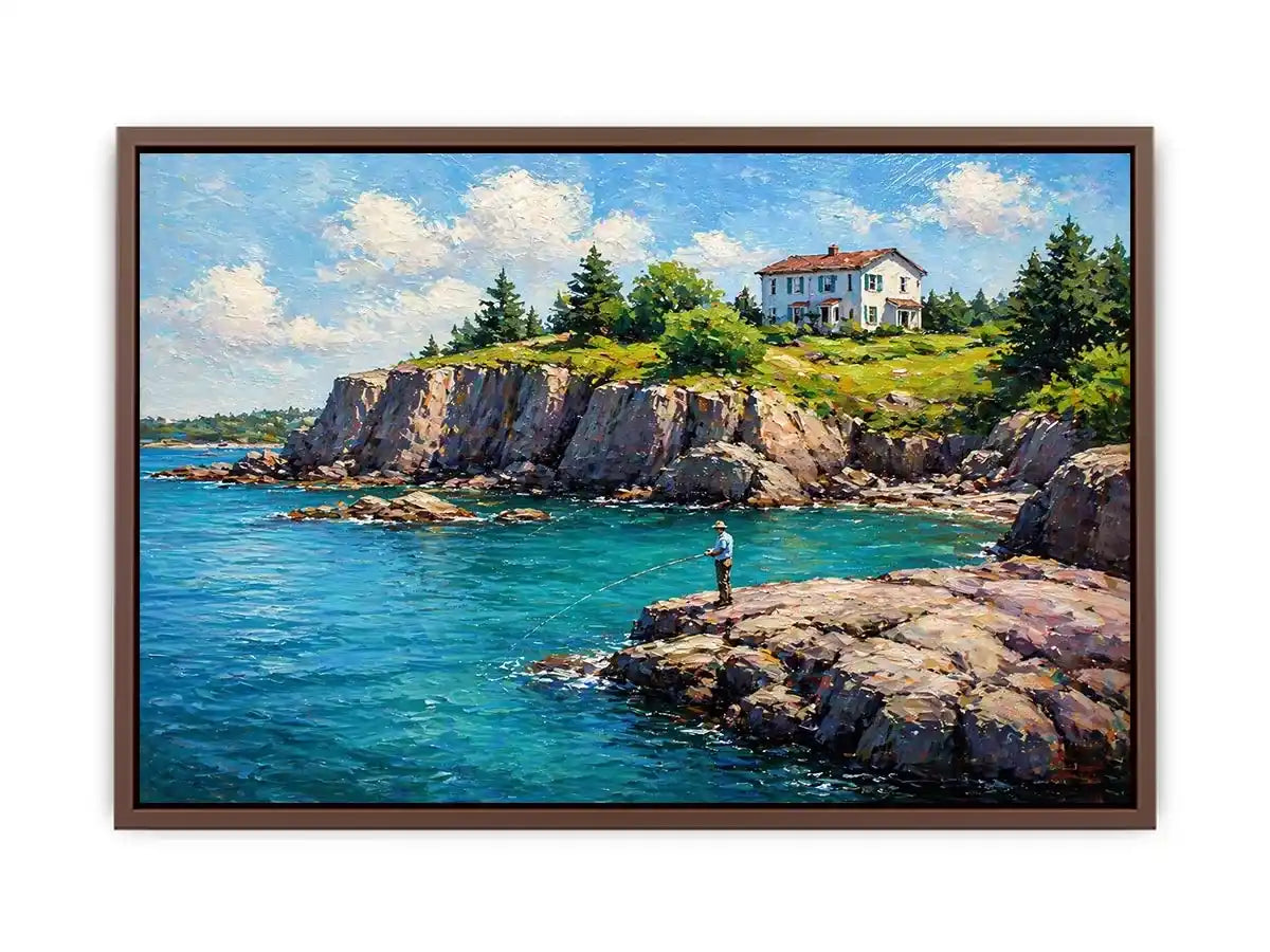 coastal fishing scene wall art canvas turquoise ocean cliff landscape painting
