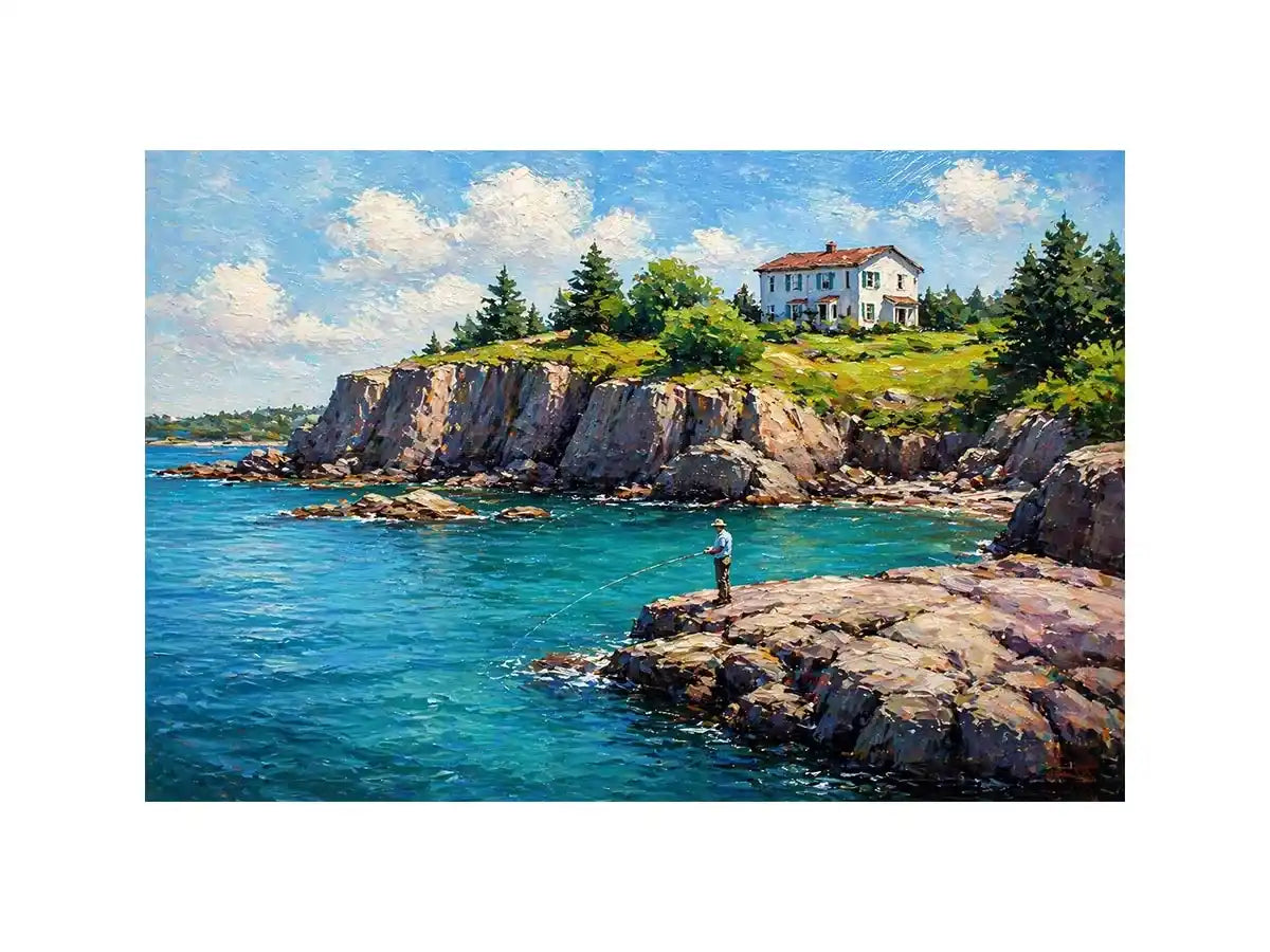 coastal fishing scene wall art canvas turquoise ocean cliff landscape painting