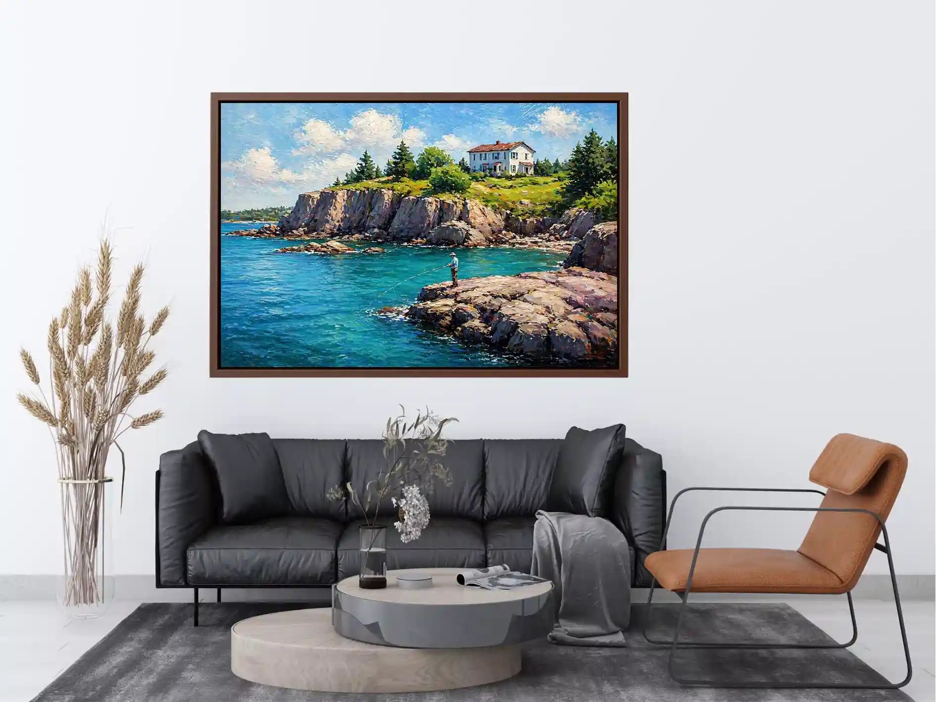 coastal fishing scene wall art canvas turquoise ocean cliff landscape painting