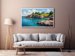 coastal fishing scene wall art canvas turquoise ocean cliff landscape painting