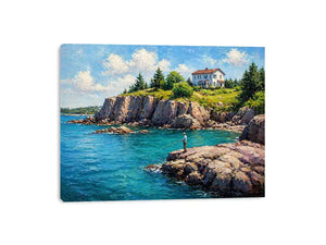 coastal fishing scene wall art canvas turquoise ocean cliff landscape painting