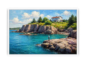 coastal fishing scene wall art canvas turquoise ocean cliff landscape painting