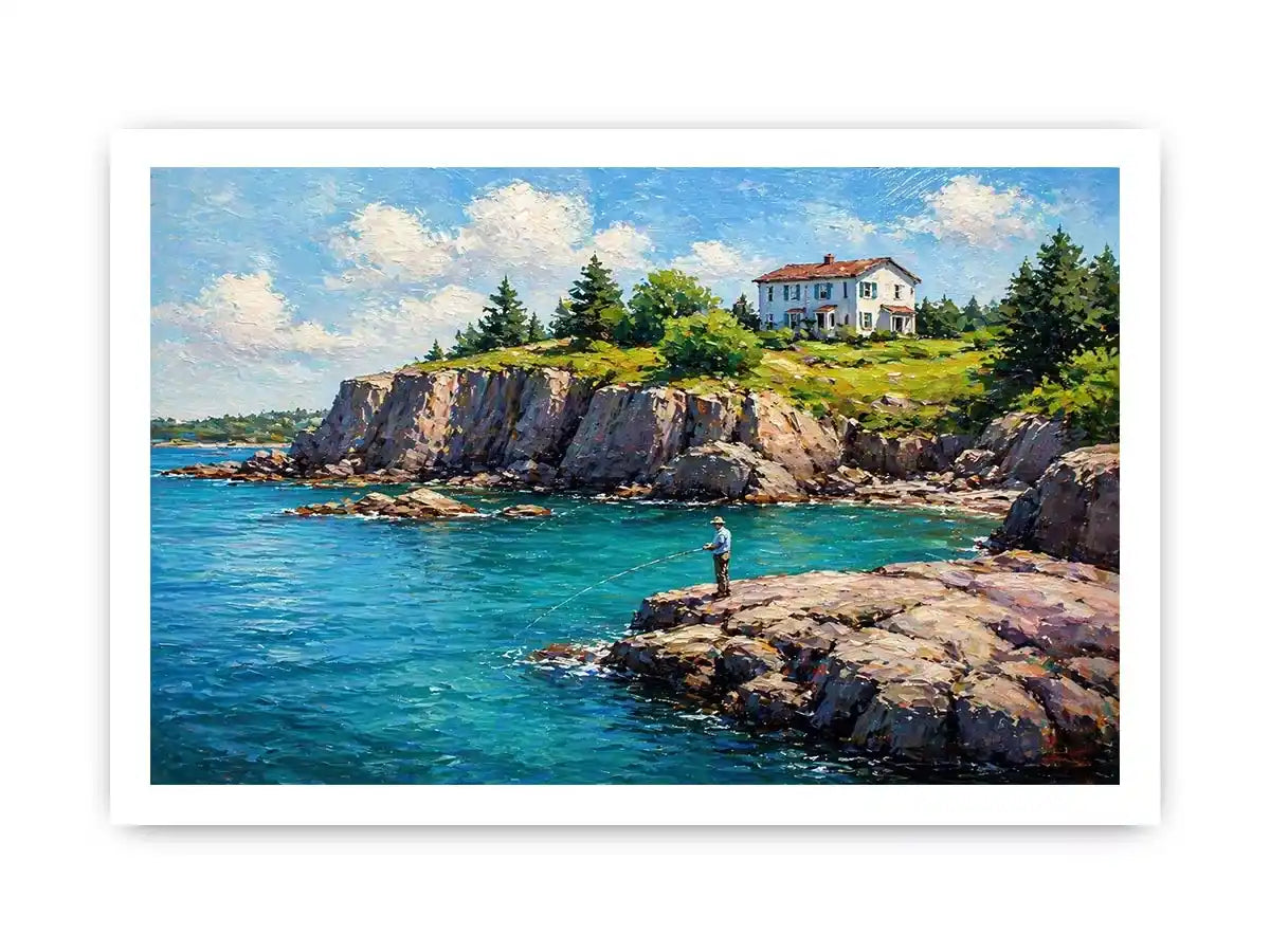 coastal fishing scene wall art canvas turquoise ocean cliff landscape painting
