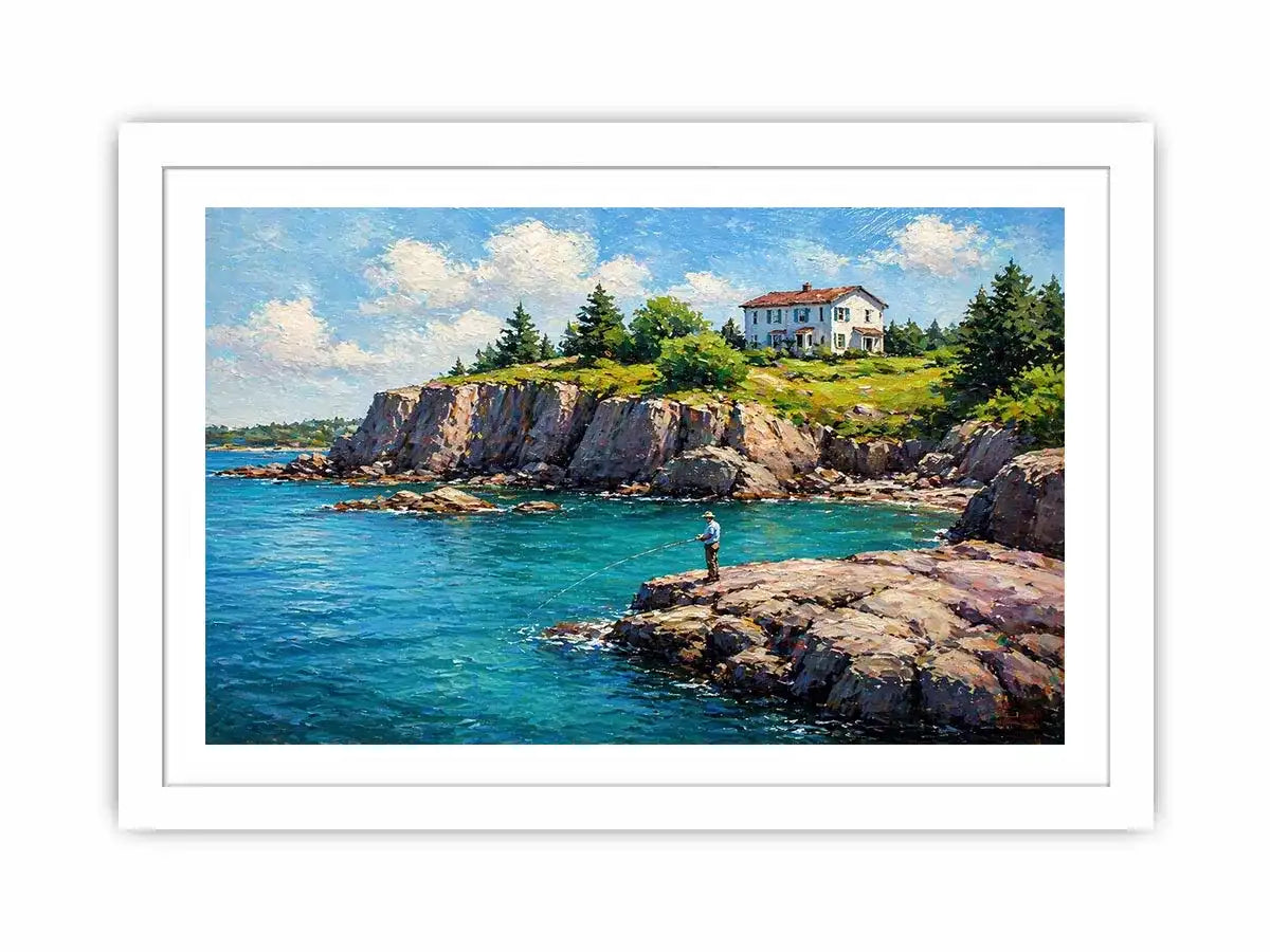 coastal fishing scene wall art canvas turquoise ocean cliff landscape painting