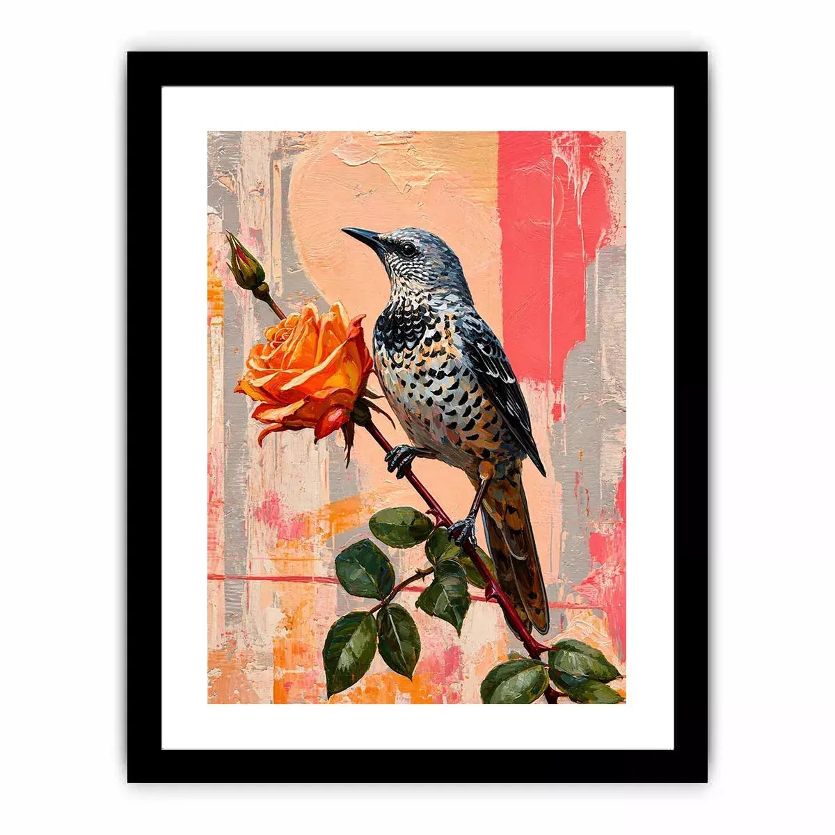 bird and rose wall art canvas floral botanical painting modern peach decor