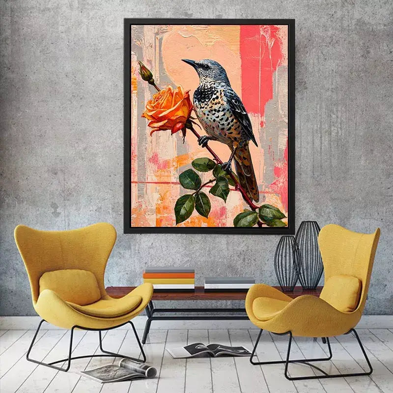 bird and rose wall art canvas floral botanical painting modern peach decor