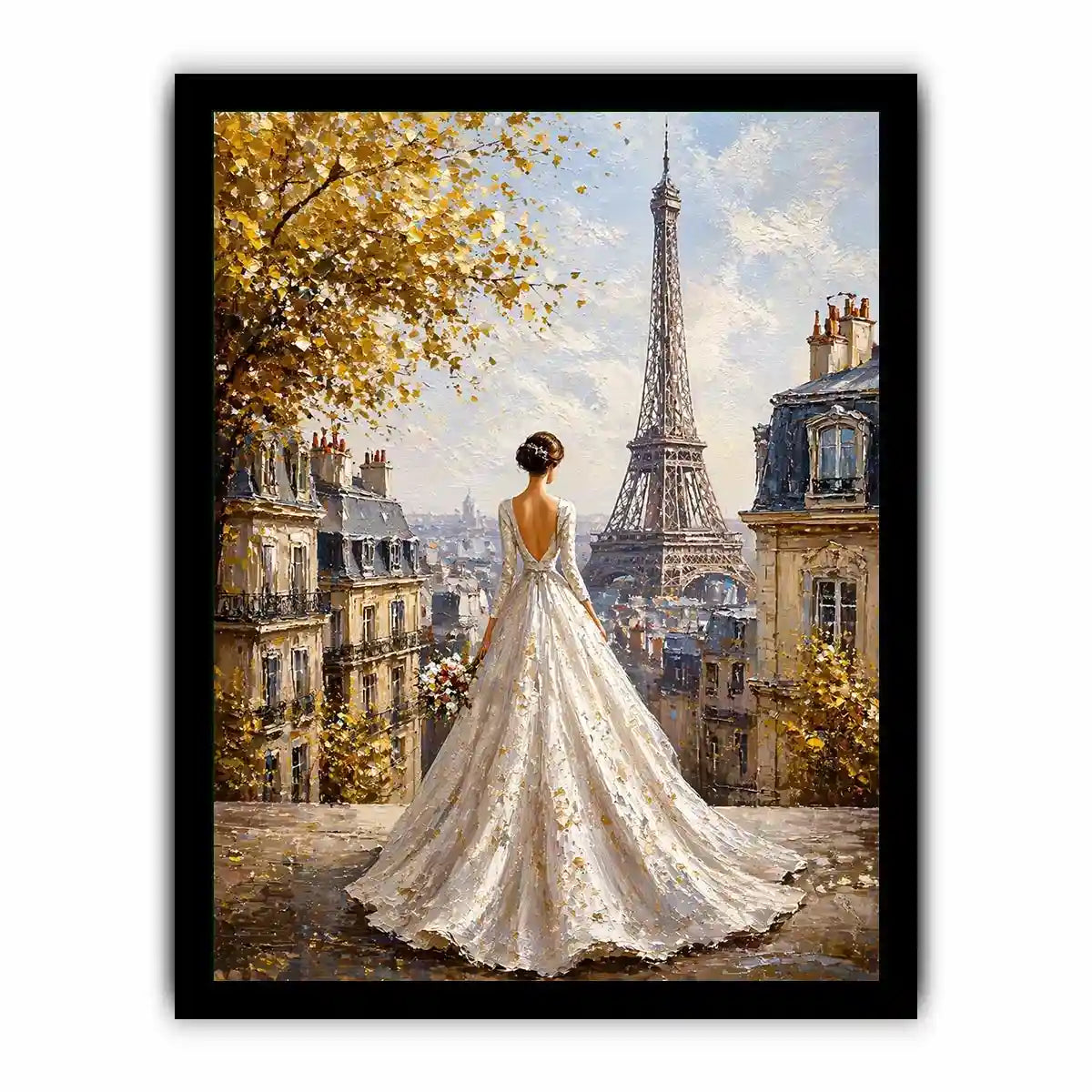 Elegant Paris bride painting with Eiffel Tower view, romantic France wall art for luxury home decor in Paris, New York, London interiors
