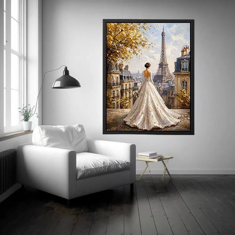 Elegant Paris bride painting with Eiffel Tower view, romantic France wall art for luxury home decor in Paris, New York, London interiors