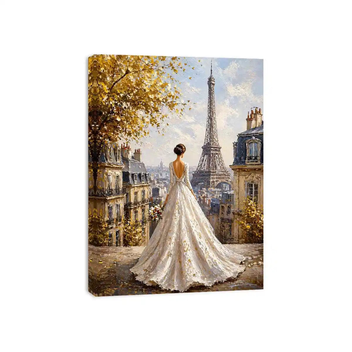 Elegant Paris bride painting with Eiffel Tower view, romantic France wall art for luxury home decor in Paris, New York, London interiors