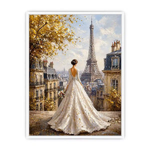 Elegant Paris bride painting with Eiffel Tower view, romantic France wall art for luxury home decor in Paris, New York, London interiors