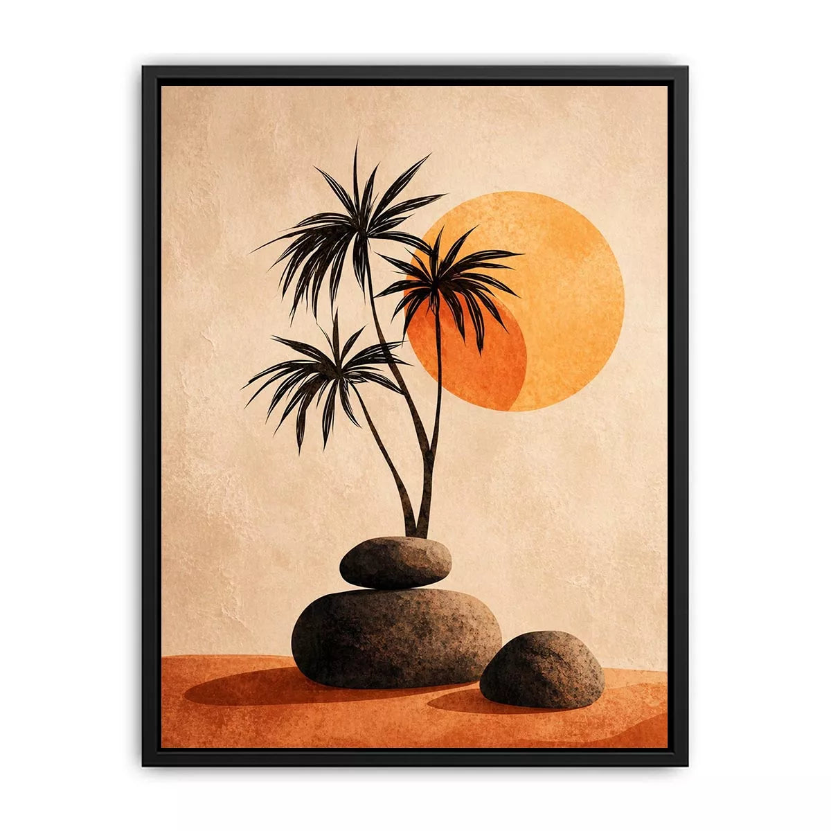 Minimalist desert sunset wall art with palm trees and stones, boho neutral decor for modern homes in California, Arizona, Dubai interiors