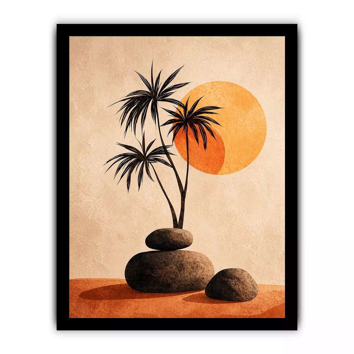 Minimalist desert sunset wall art with palm trees and stones, boho neutral decor for modern homes in California, Arizona, Dubai interiors