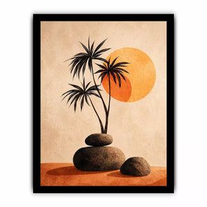 Minimalist desert sunset wall art with palm trees and stones, boho neutral decor for modern homes in California, Arizona, Dubai interiors
