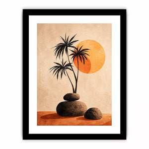 Minimalist desert sunset wall art with palm trees and stones, boho neutral decor for modern homes in California, Arizona, Dubai interiors